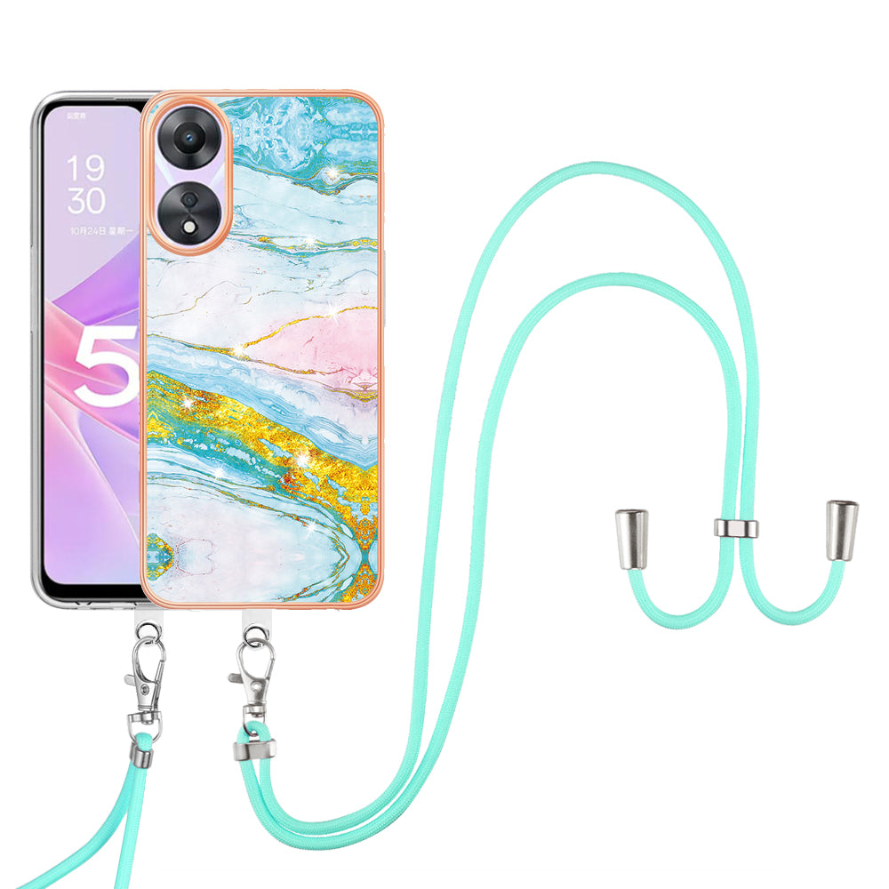 YB IMD Series-9 For Oppo A78 / A58 5G Electroplating Frame TPU Cover IMD Marble Pattern Phone Case with Lanyard - Green 004 YB IMD Series-9 For Oppo A78 / A58 5G Electroplating Frame TPU Cover IMD Marble Pattern Phone Case with Lanyard - Green 004